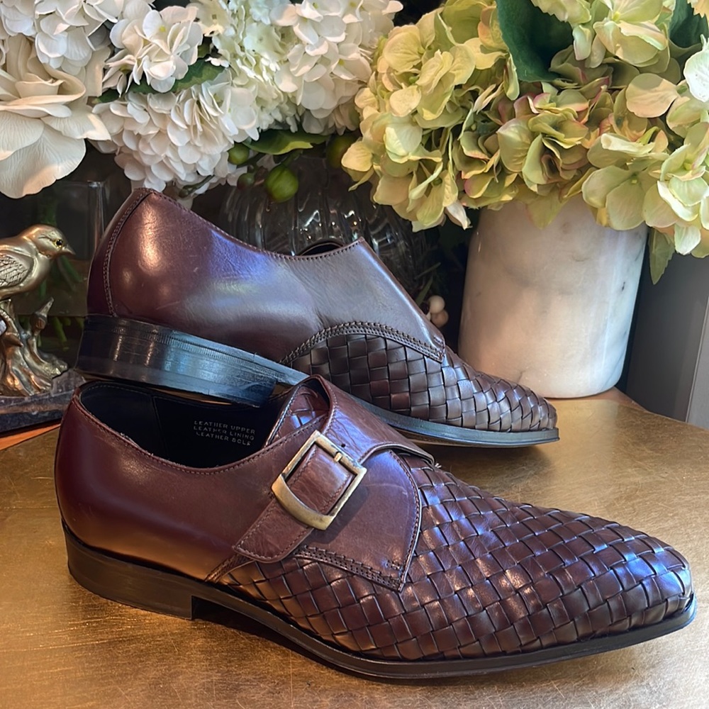 Paul Fredrick Woven Monk Strap Loafers in Brown Leather